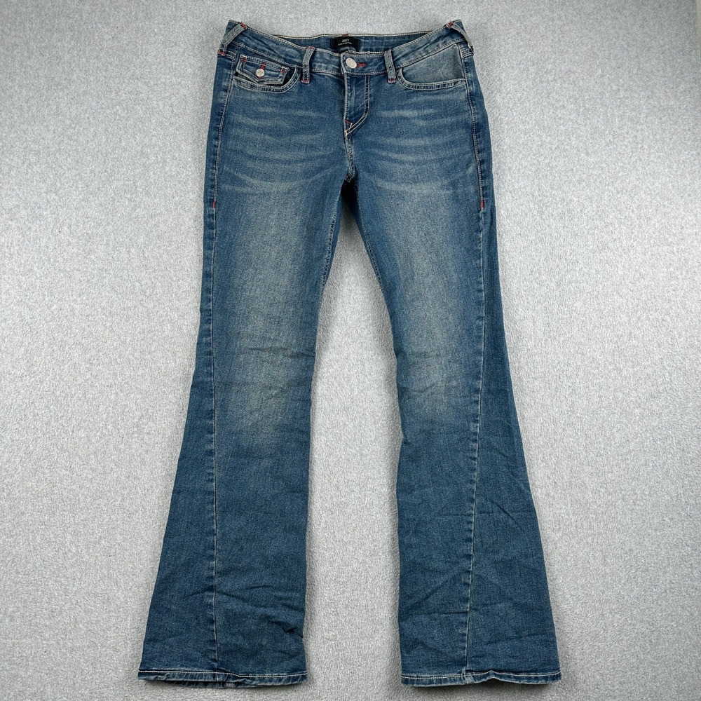 True Religion Jeans Womens 29 Joey Low Rise Flare Blue Red Contrast Stitching